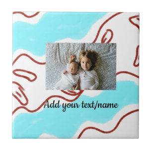 simple minimal ADD YOUR PHOTO TEXTblue watercolor Tile