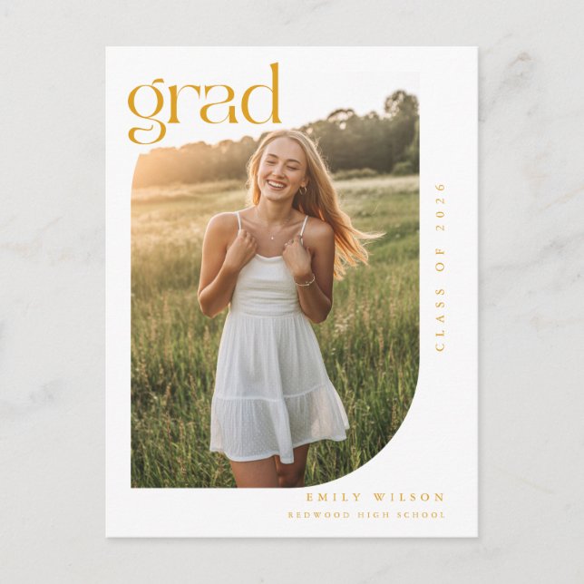 Simple Minimal Arch Photo Gold Script Graduation Postcard (Front)