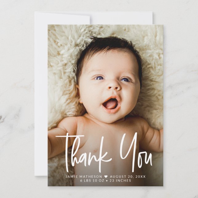 Simple minimal Baby Photo thank you script Heart Card (Front)