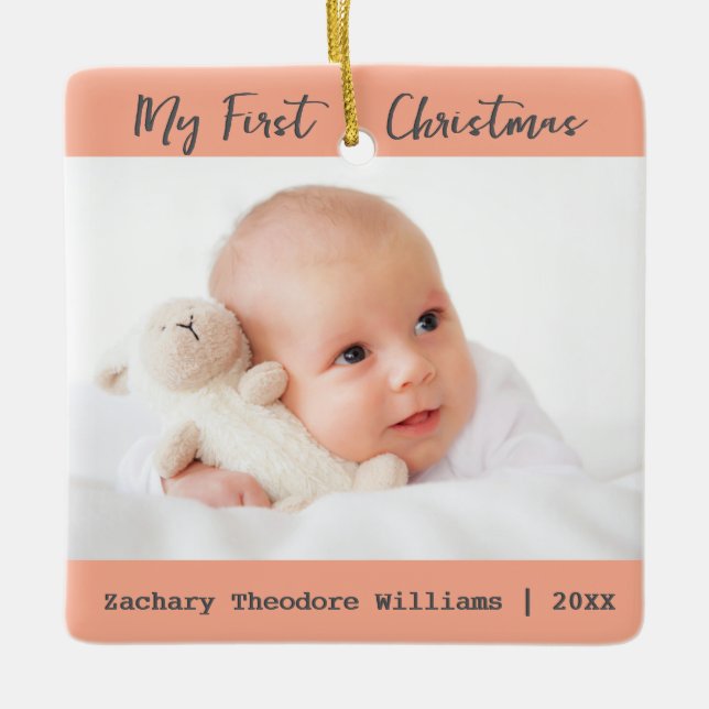 Simple Minimal Baby's First Christmas Keepsake Ceramic Ornament (Front)