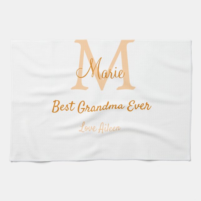 simple minimal best Grandma ever orange monogram Tea Towel (Horizontal)