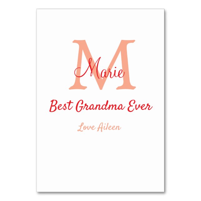 simple minimal best Grandma ever red monogram text Table Number (Front)