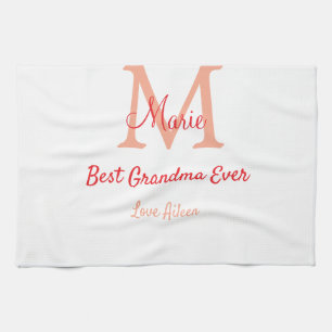 simple minimal best Grandma ever red monogram text Tea Towel