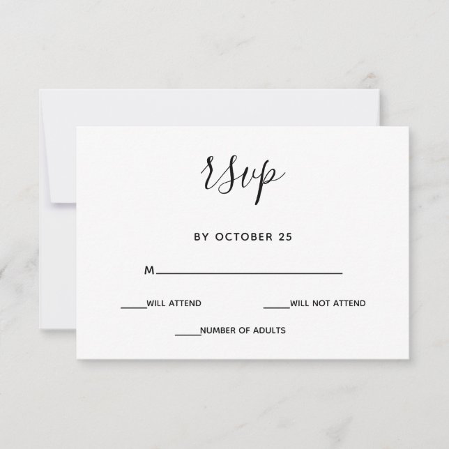 Simple Minimal Black and White Calligraphy Wedding RSVP Card (Front)