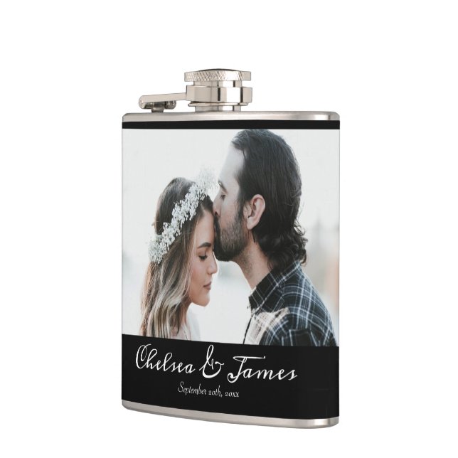 Simple Minimal Black Calligraphy Photo Name  Hip Flask (Left)