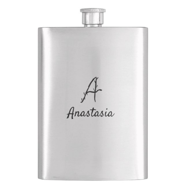 Simple minimal black monogram letter a add name th hip flask (Front)