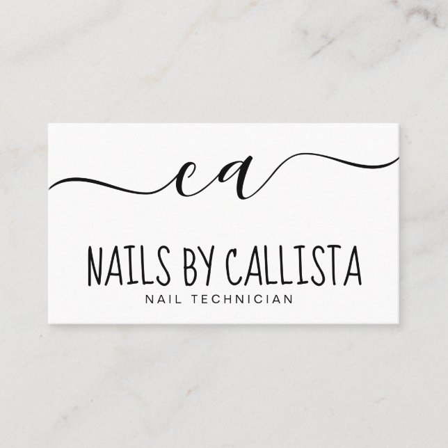 Simple Minimal Black White Typography Nail Tech Business Card (Front)