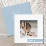 Simple Minimal Blue Baby Photo Birth Announcement<br><div class="desc">Square 5.25" x 5.25" birth announcements feature your favourite newborn photo and your baby's name on a blue colour block on the front and the birth stats and your names on the back. **SQUARE ENVELOPES REQUIRE EXTRA POSTAGE. Use 5" x 7" A7 envelopes for regular postage rates. MORE COLORS IN...</div>