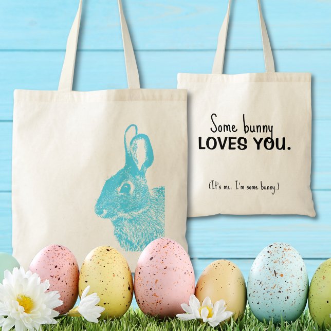 Simple Minimal Blue Easter Bunny  Tote Bag (Blue rabbit "some bunny loves you" stamped bunny bag is a cute alternative to a basket)