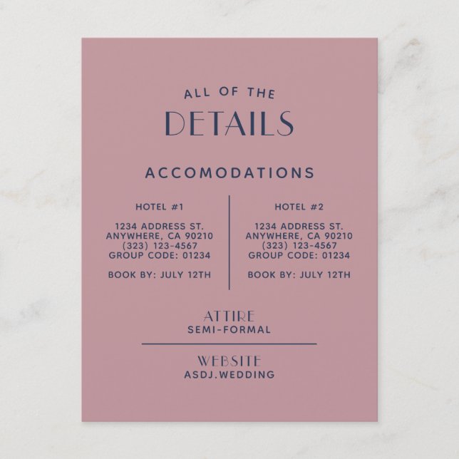 Simple Minimal Blush Navy Wedding Detail Enclosure Card (Front)