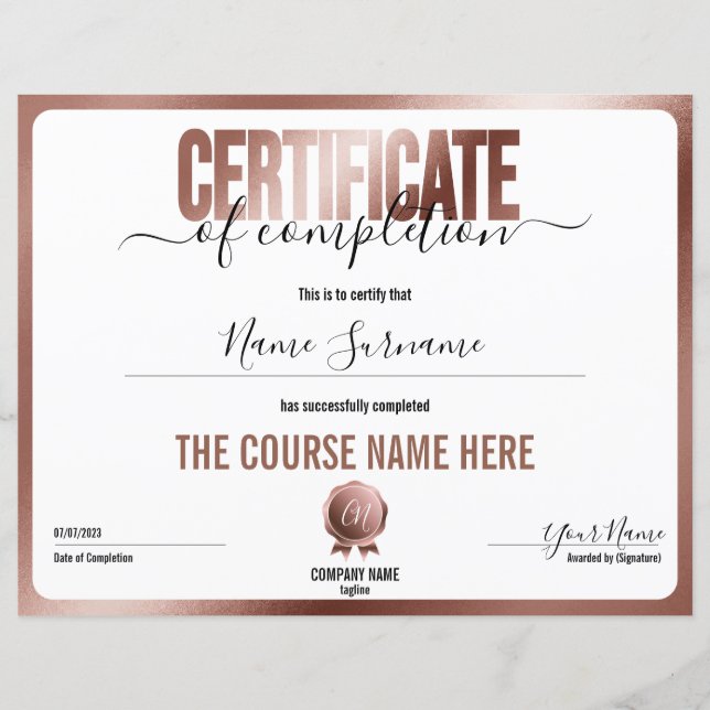 Simple Minimal Certificate of Completion  (Front)