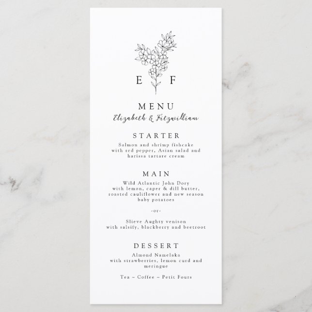 Simple Minimal Cherry Blossom Monogram Wedding  Menu (Front)