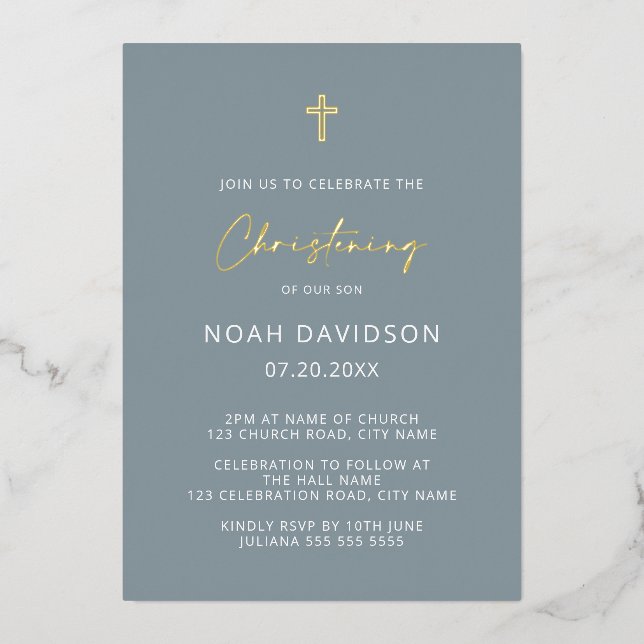 Simple Minimal Christening Grey Blue & Real Gold (Front)