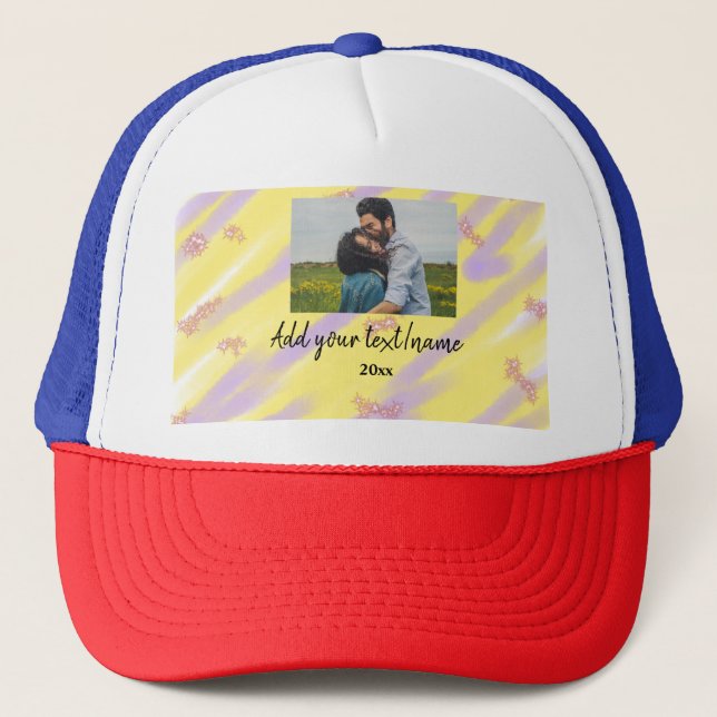 simple minimal customised name monogram text throw trucker hat (Front)