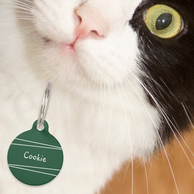 Simple Minimal Dark Green Personalised Pet Tag (An ID tag for your pet cat, in dark green, with name on the front and your contact info on the back)