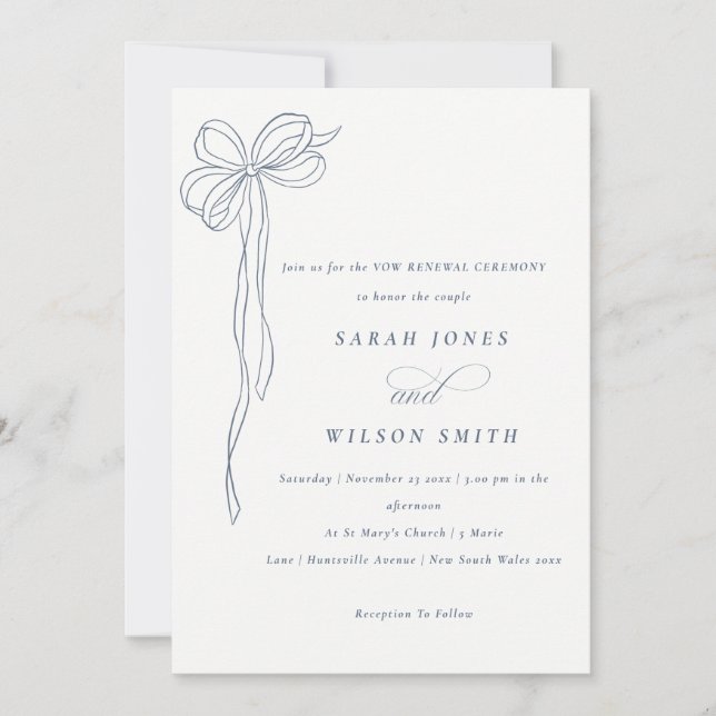 Simple Minimal Dusky Blue Coquette Bow Vow Renewal Invitation (Front)
