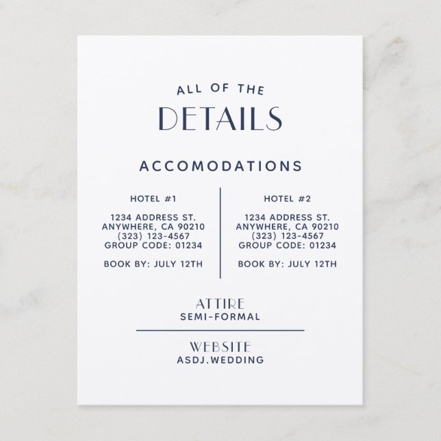 Simple Minimal Ecru Navy Wedding Detail Enclosure Card (Front)