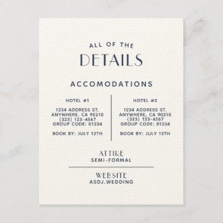 Simple Minimal Ecru Navy Wedding Detail Enclosure Card