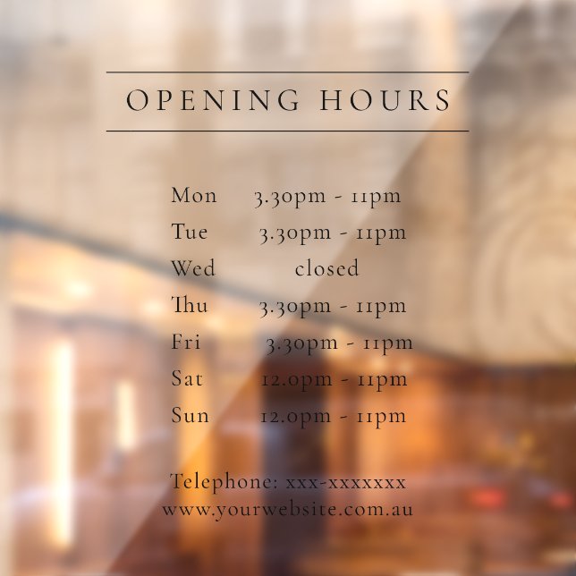 Simple Minimal Elegant Black Opening Hours Timings Window Cling (Sheet 2)