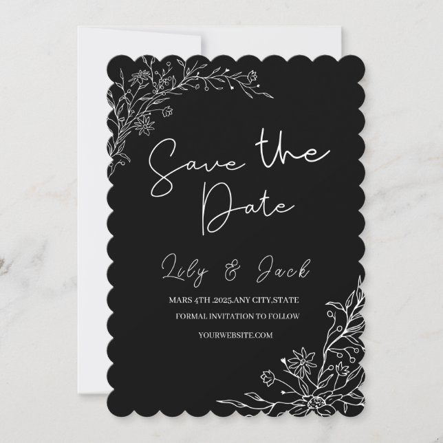  simple minimal Elegant modern black and white Save The Date (Front)