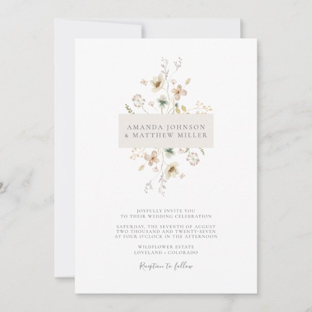 Simple Minimal Elegant Pressed Floral Wedding Invitation (Front)