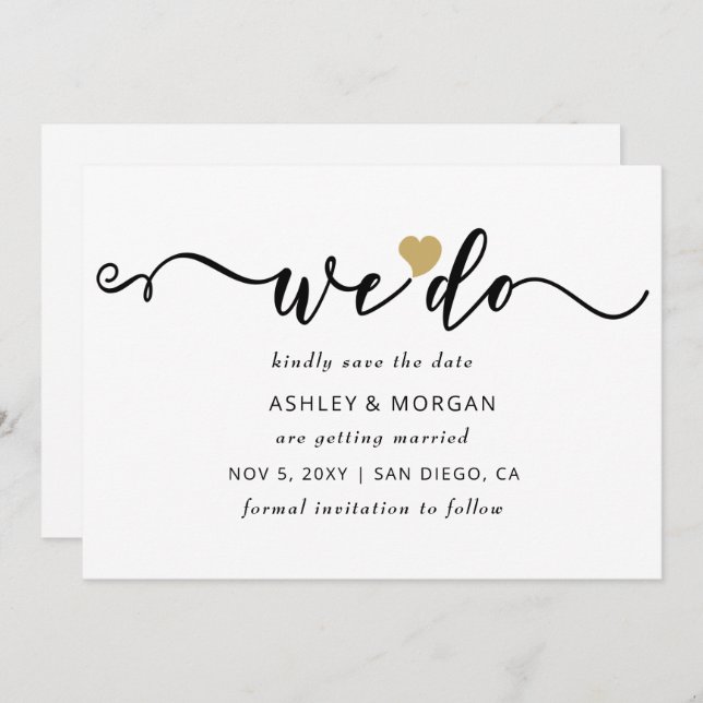 Simple Minimal Elegant Script Gold Heart We Do Save The Date (Front/Back)