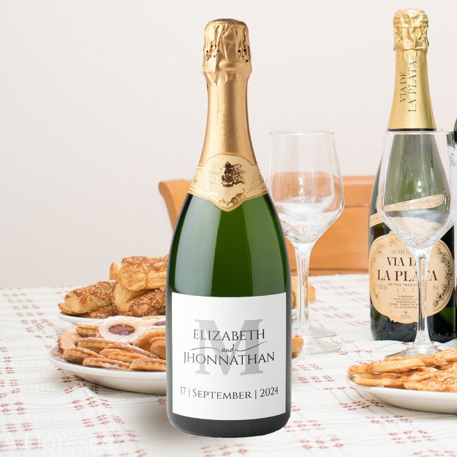 Simple Minimal Elegant Wedding Chic Grey Monogram Sparkling Wine Label (Creator Uploaded)