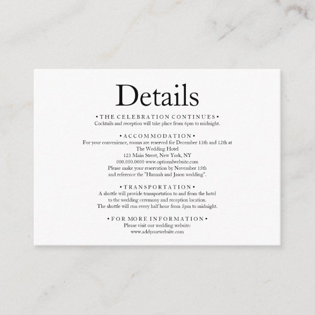 Simple Minimal Elegant White Wedding Details Enclosure Card (Front)