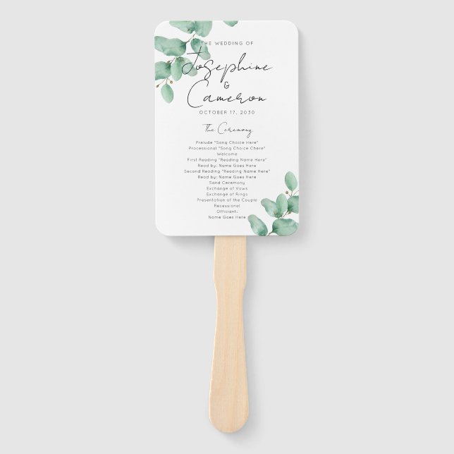 Simple Minimal Eucalyptus Wedding Program Fan (Front)