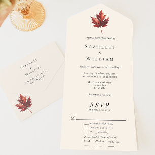 Simple Minimal Fall Leaf Cream Entree RSVP Wedding All In One Invitation