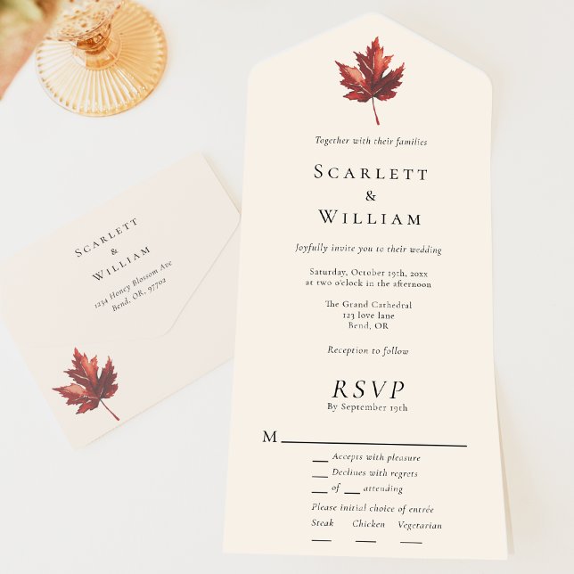 Simple Minimal Fall Leaf Cream Entree RSVP Wedding All In One Invitation (Creator Uploaded)