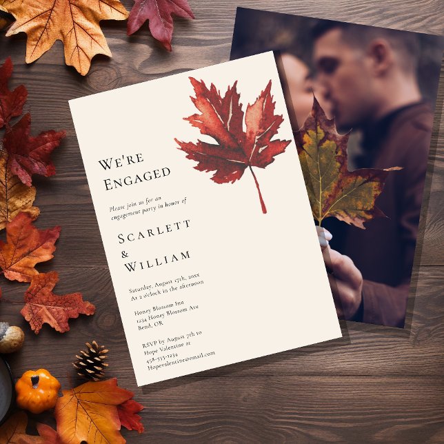 Simple Minimal Fall Leaf Cream Photo We're Engaged Invitation (Creator Uploaded)