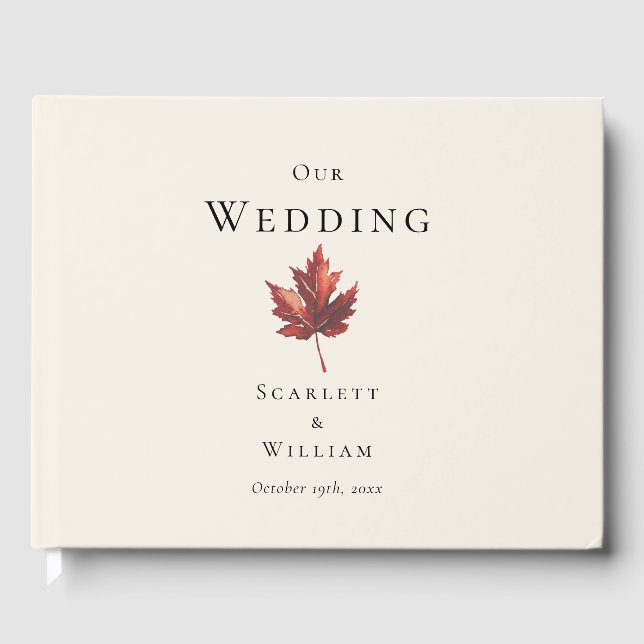 Simple Minimal Fall Leaf Cream Wedding Guest Book (Front)