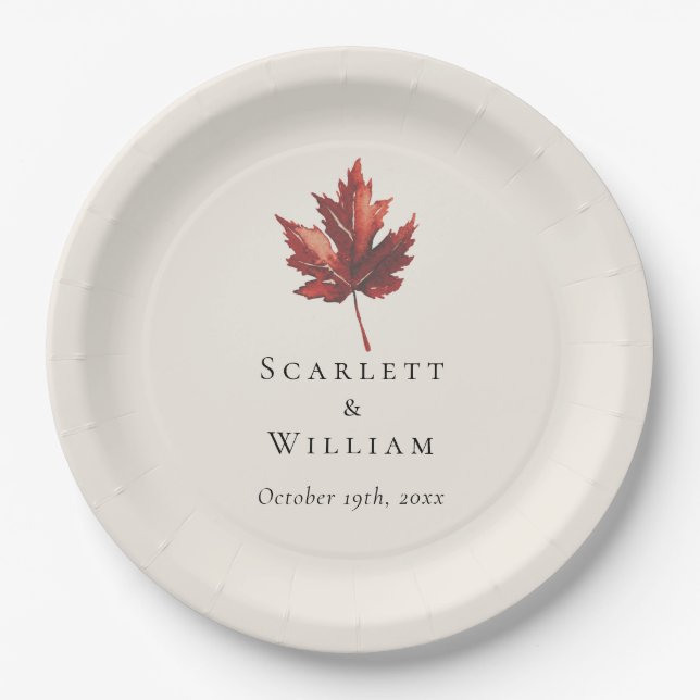 Simple Minimal Fall Leaf Cream Wedding Paper Plate (Front)