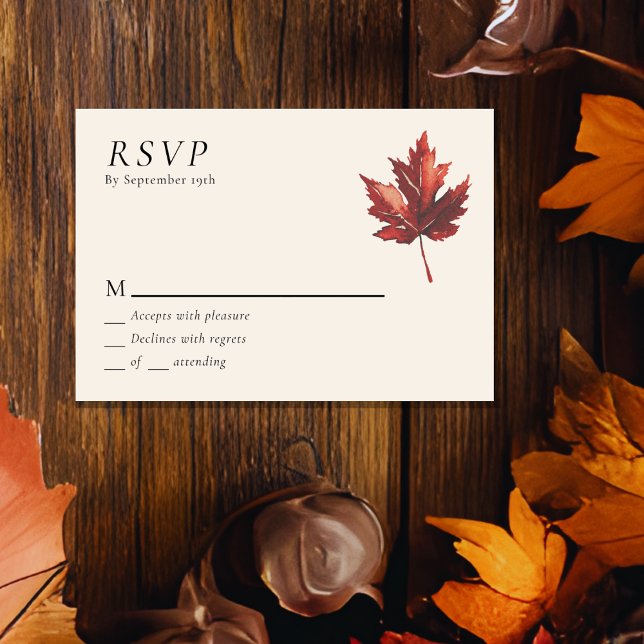 Simple Minimal Fall Leaf Cream Wedding RSVP Card (Creator Uploaded)