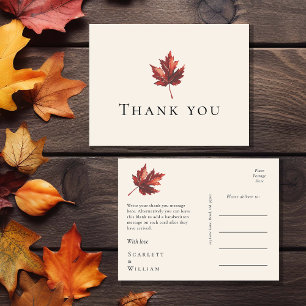Simple Minimal Fall Leaf Cream Wedding Thank You Postcard