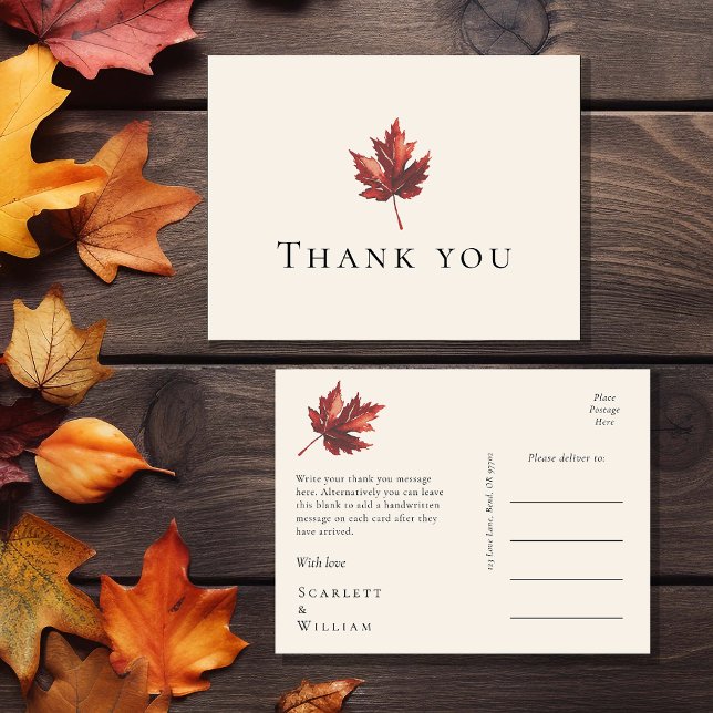 Simple Minimal Fall Leaf Cream Wedding Thank You Postcard (Creator Uploaded)
