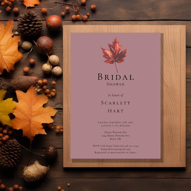 Simple Minimal Fall Leaf Mauve Bridal Shower Invitation (Creator Uploaded)