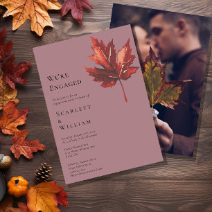 Simple Minimal Fall Leaf Mauve Photo We're Engaged Invitation