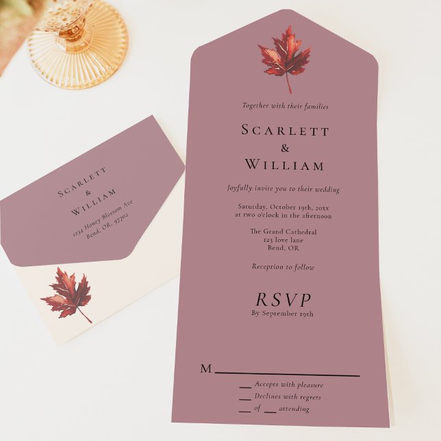 Simple Minimal Fall Leaf Mauve Wedding All In One Invitation (Creator Uploaded)