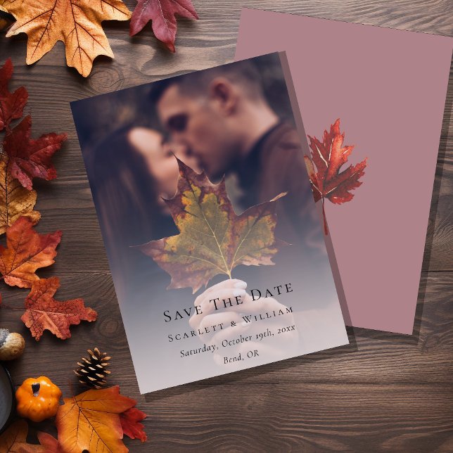 Simple Minimal Fall Leaf Mauve Wedding Photo Save The Date (Creator Uploaded)