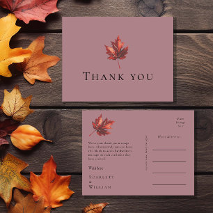 Simple Minimal Fall Leaf mauve Wedding Thank You Postcard