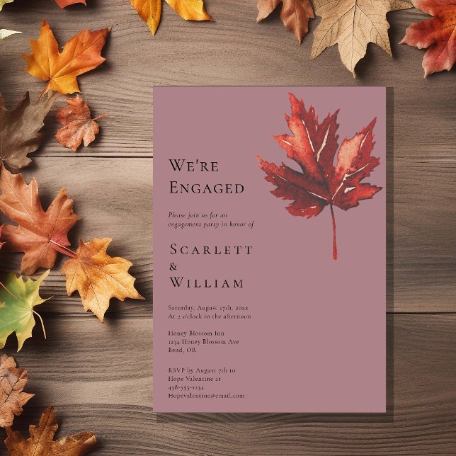 Simple Minimal Fall Leaf Mauve We're Engaged Invitation (Creator Uploaded)