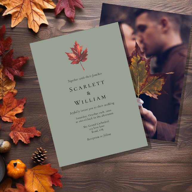 Simple Minimal Fall Leaf Sage Green Photo Wedding Invitation (Creator Uploaded)