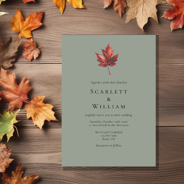 Simple Minimal Fall Leaf Sage Green Wedding Invitation (Creator Uploaded)