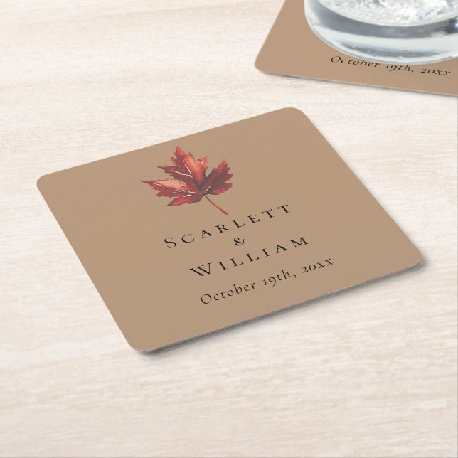 Simple Minimal Fall Leaf Terracotta Wedding Square Paper Coaster (Angled)