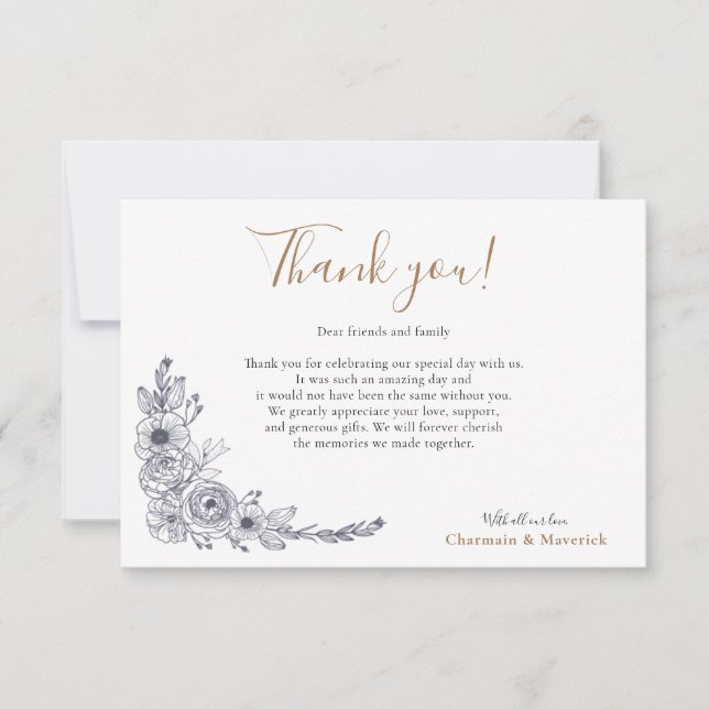 Simple Minimal Floral Black and White Wedding Thank You Card (Front)