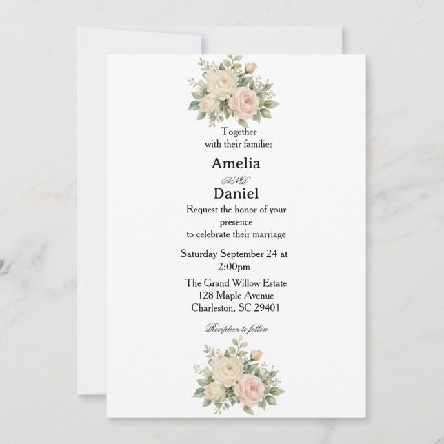 Simple Minimal Floral Wedding  Invitation (Front)