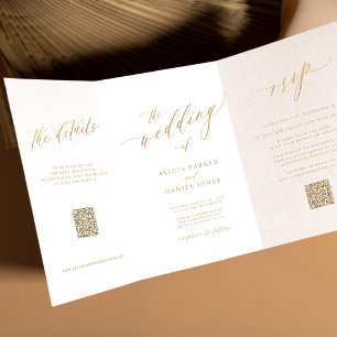 Simple minimal gold script RSVP details QR wedding Tri-Fold Invitation