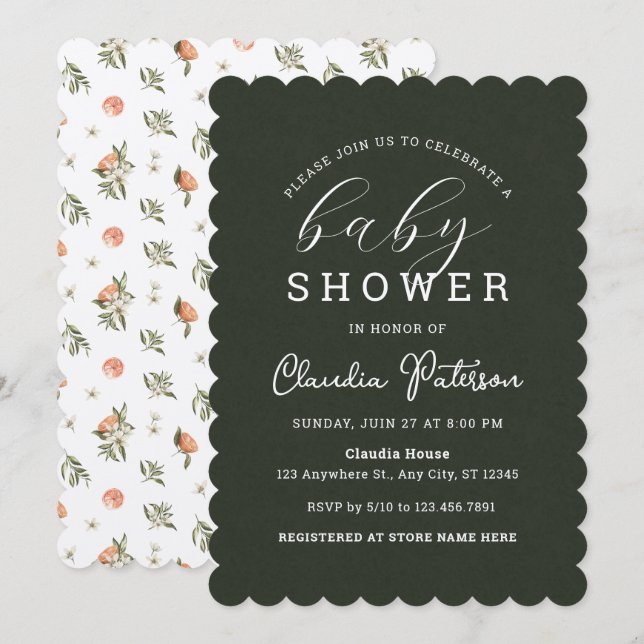 Simple Minimal Green Elegant Orange Baby Shower Invitation (Front/Back)